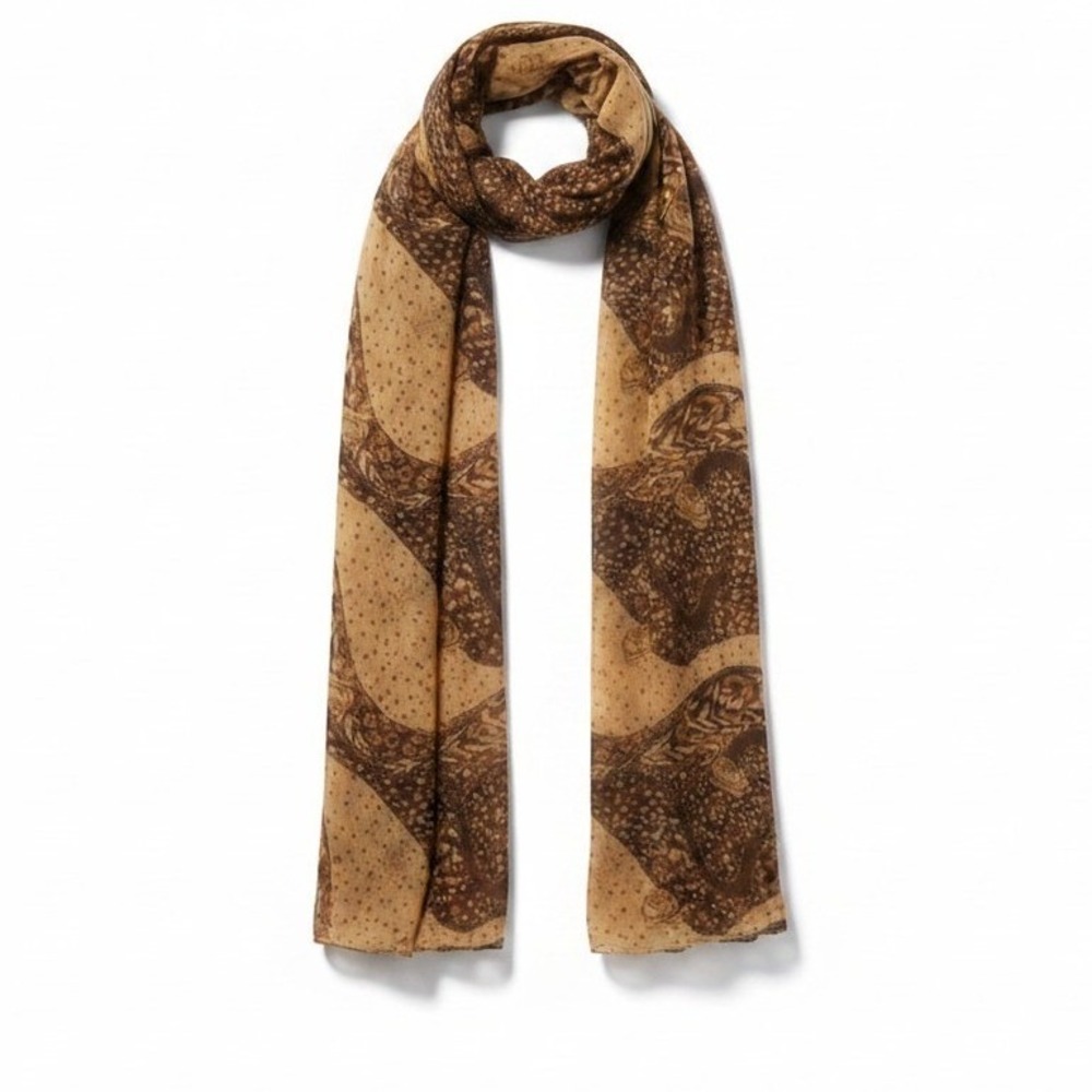Silk Scarf OS Brown Animal Print Floral Sheer Rectangle Mob Wife‎